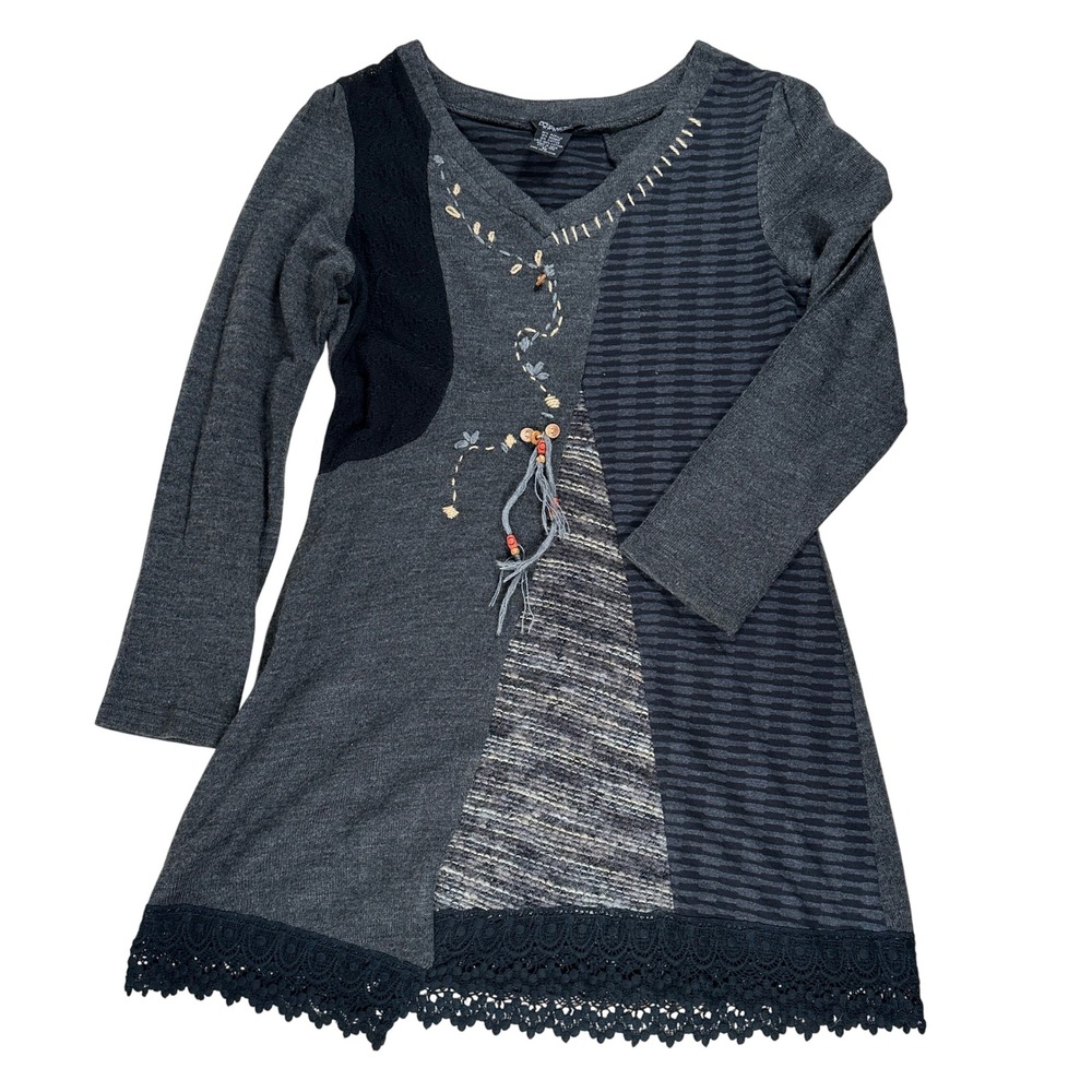 Moka Sport Mohair Blend Gray Black Tunic Sweater Patchwork Lace Embroidered ‎ M